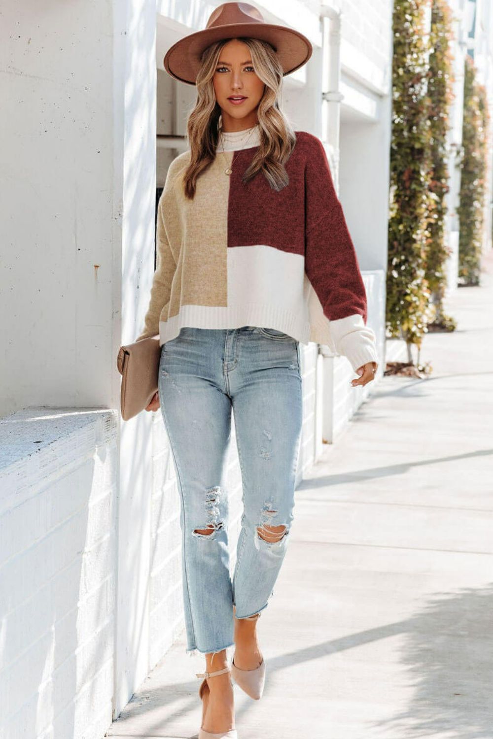 Color Block Dropped Shoulder Ribbed Trim Sweater