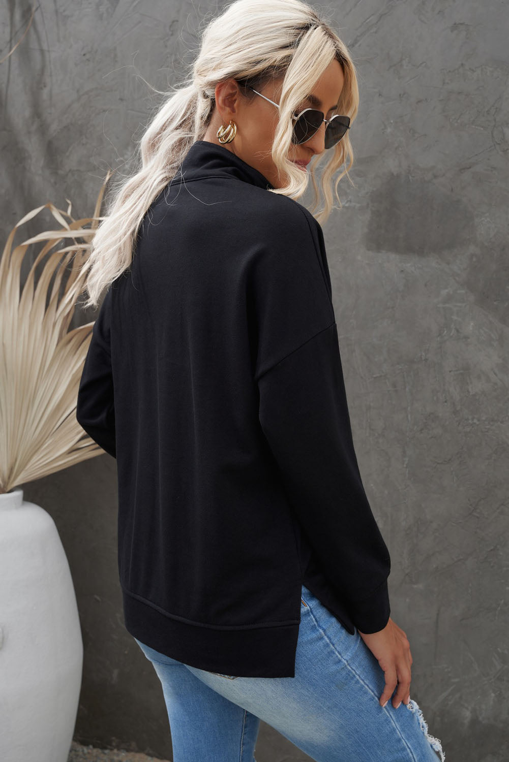 Quarter-Zip Dropped Shoulder Slit Sweatshirt