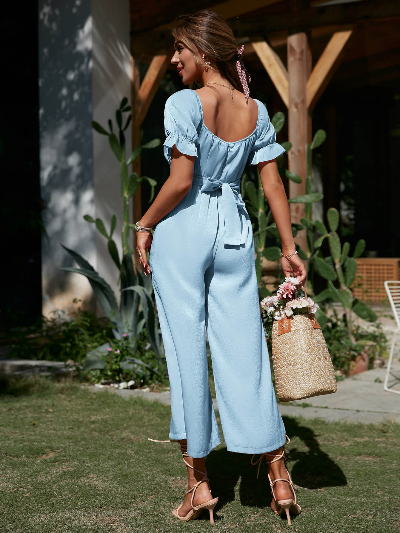 Ruched Tie-Waist Puff Sleeve Cropped Jumpsuit - Marie Lashaays 