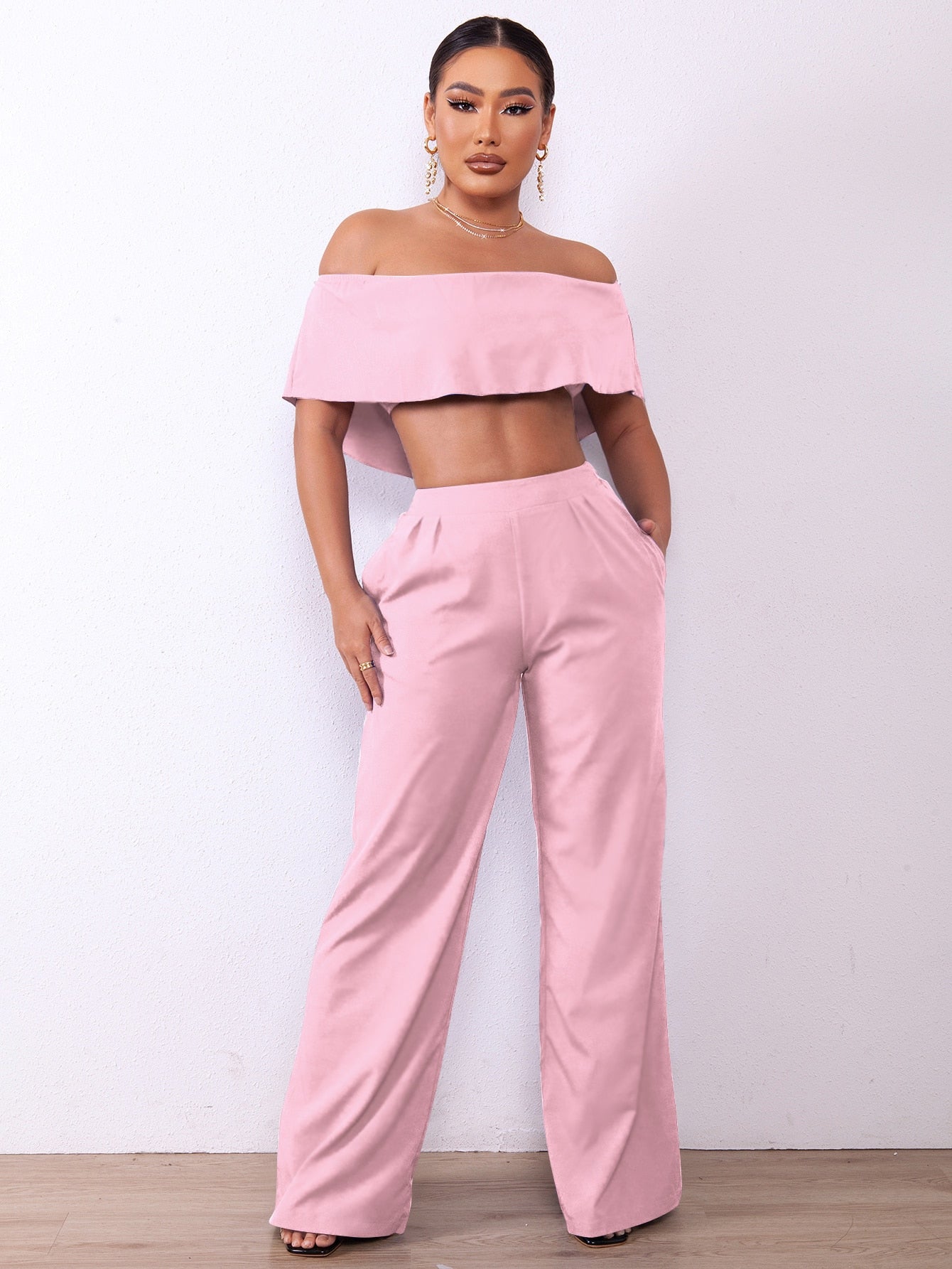 Off-Shoulder Crop Top and Wide Leg Pants Set - Marie Lashaays 