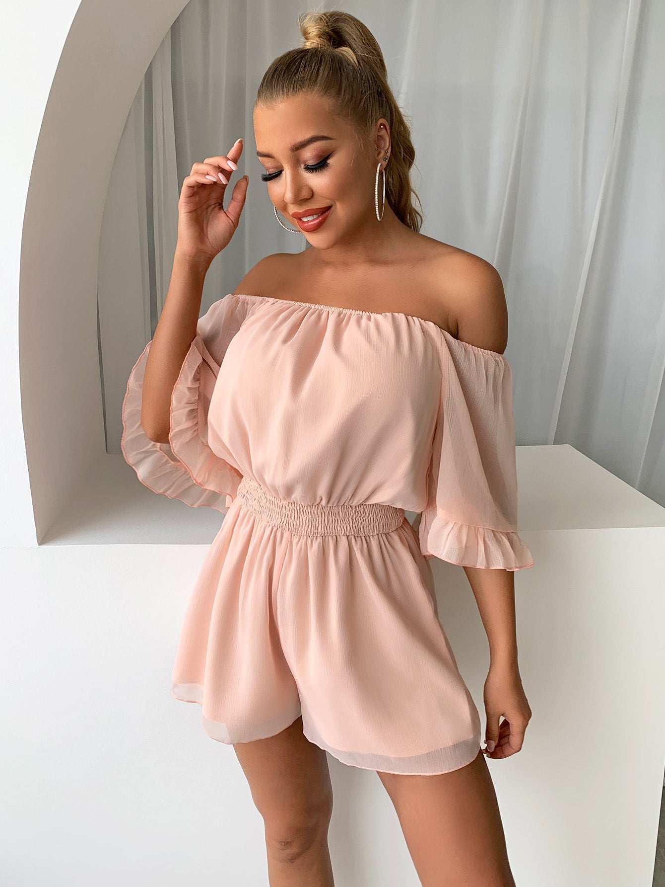 Off-Shoulder Flounce Sleeve Romper - Marie Lashaays 