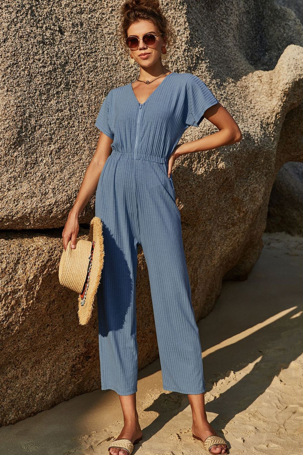 Elastic Waist Zip Up V-Neck Jumpsuit - Marie Lashaays 