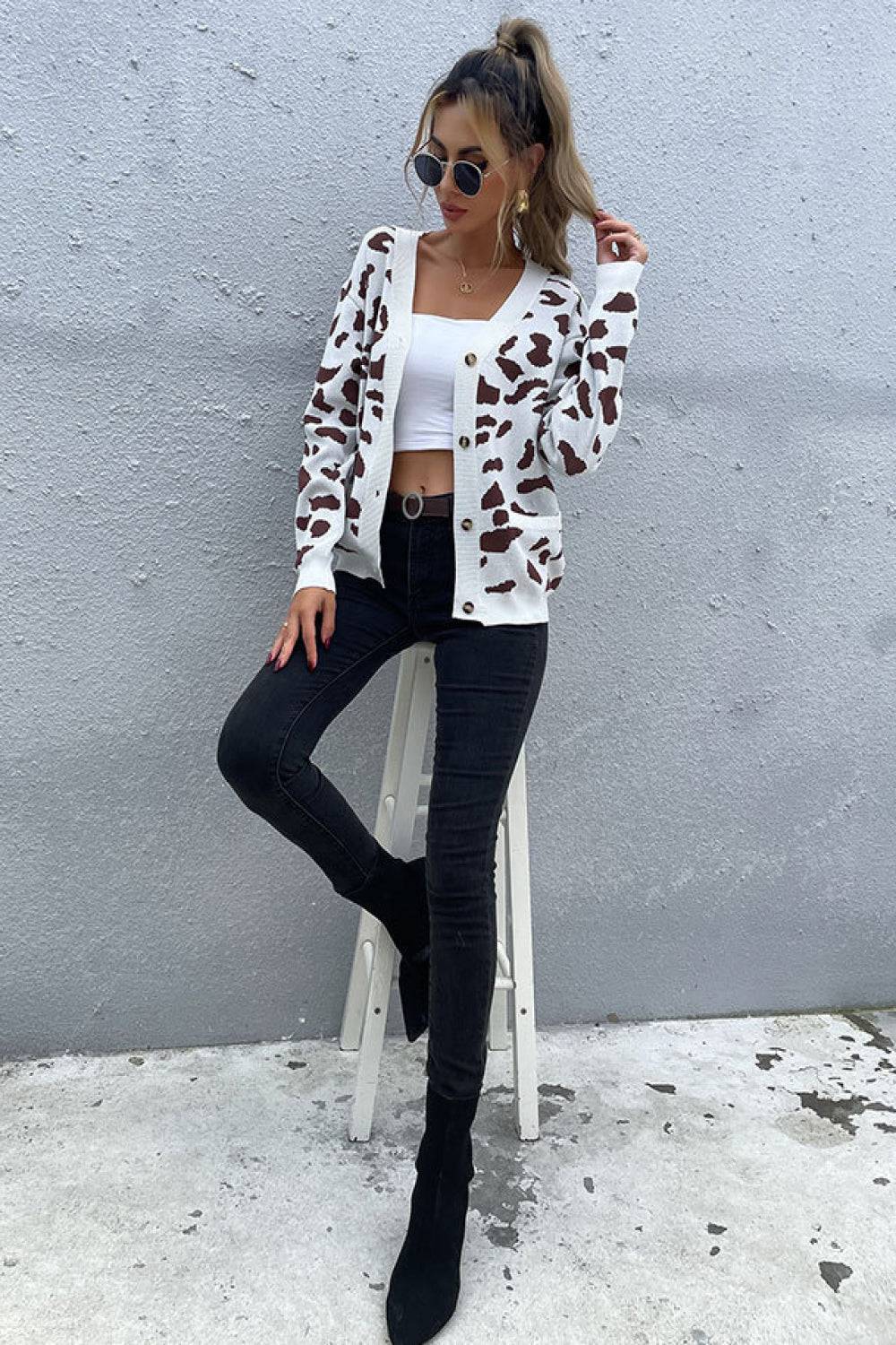 Animal Print Button Front Sweater Cardigan - Marie Lashaays 