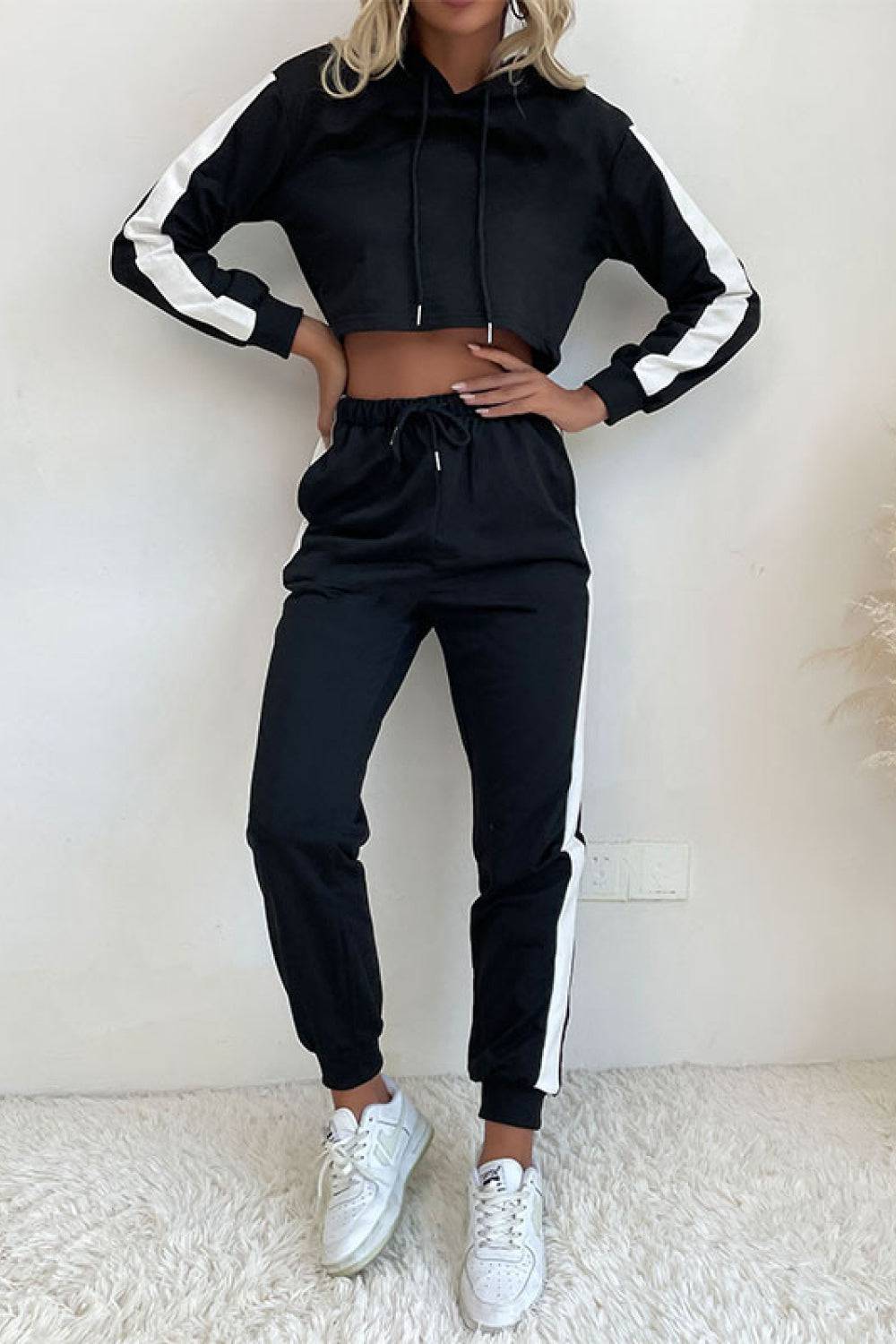 Side Stripe Cropped Hoodie and Jogger Set - Marie Lashaays 