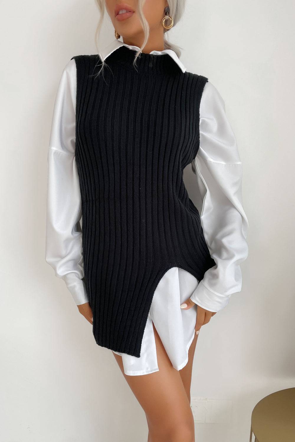 Slit Hem Sweater Vest Dress - Marie Lashaays 