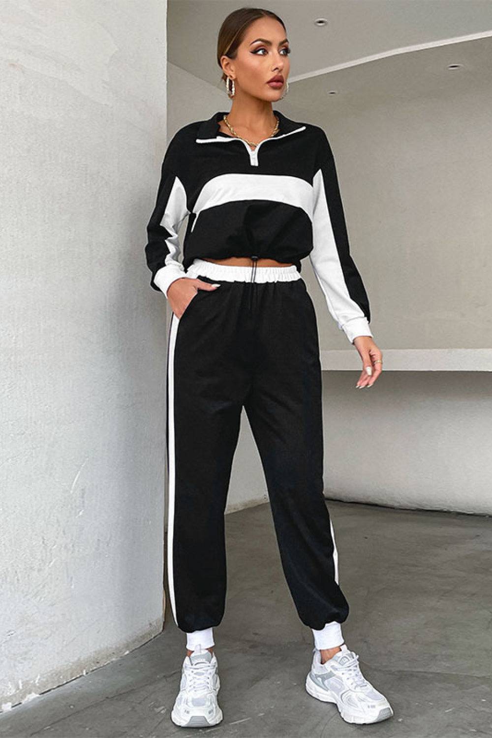 Striped Half Zip Cropped Sweatshirt and Joggers Set - Marie Lashaays 