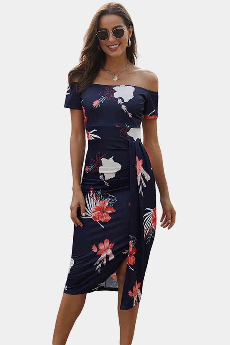 Floral Off Shoulder Slit Wrap Dress - Marie Lashaays 