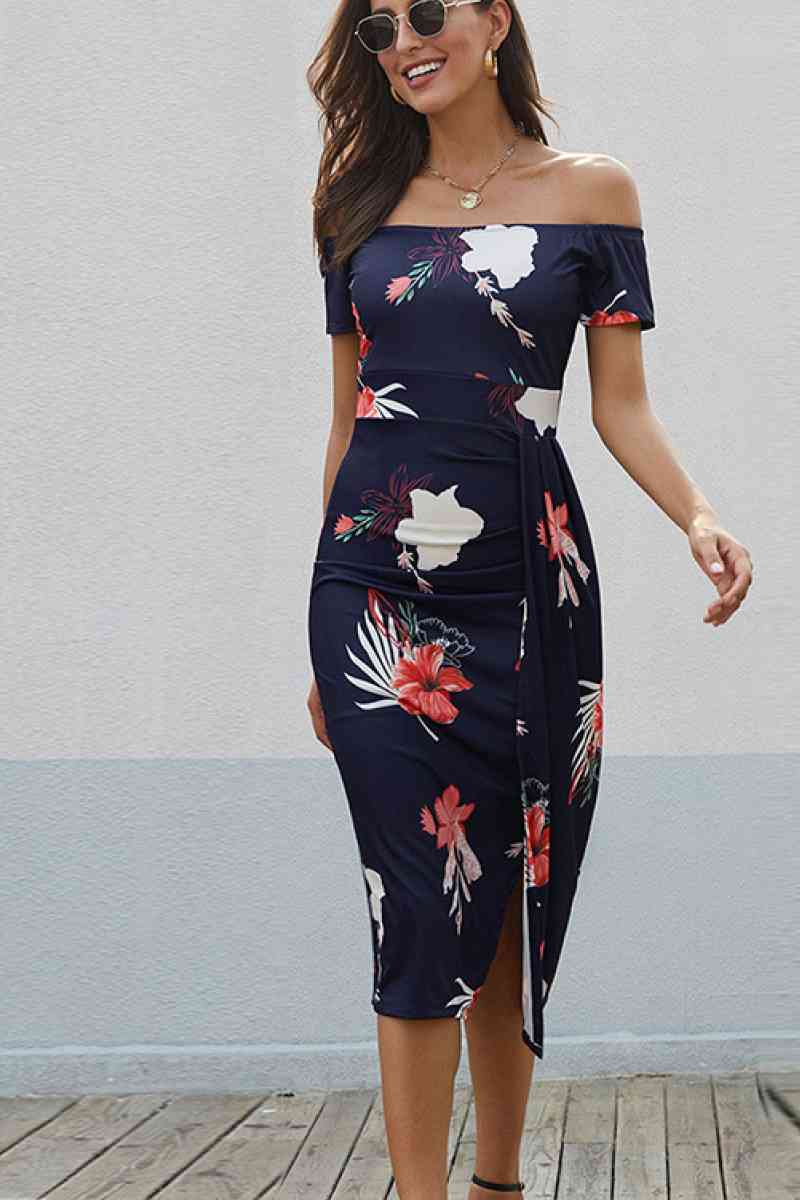 Floral Off Shoulder Slit Wrap Dress - Marie Lashaays 