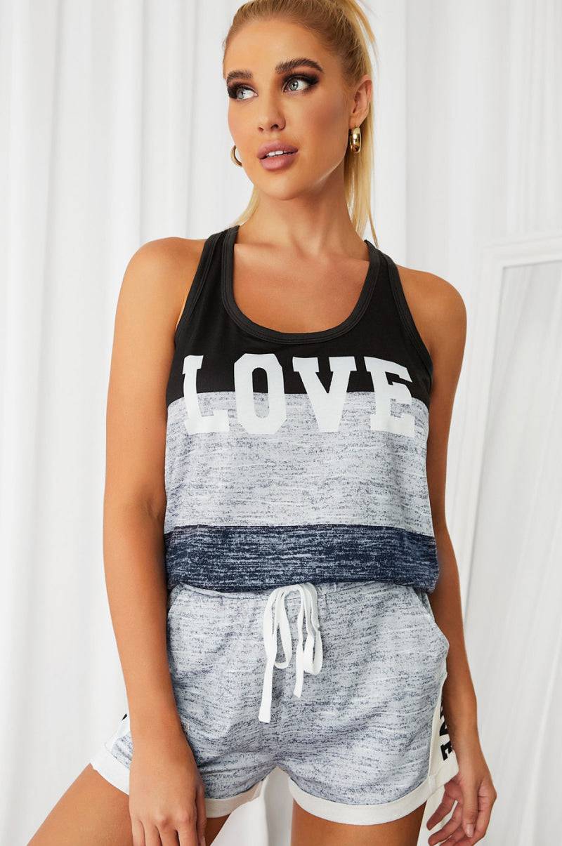 Letter Print Tank & Drawstring Waist Shorts Set - Marie Lashaays 