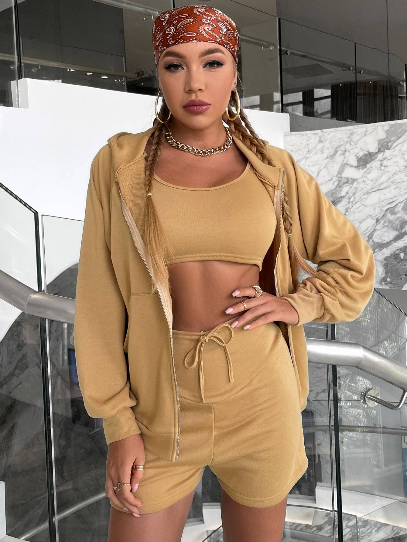 Zip Up Hoodie and Shorts Lounge Set - Marie Lashaays 