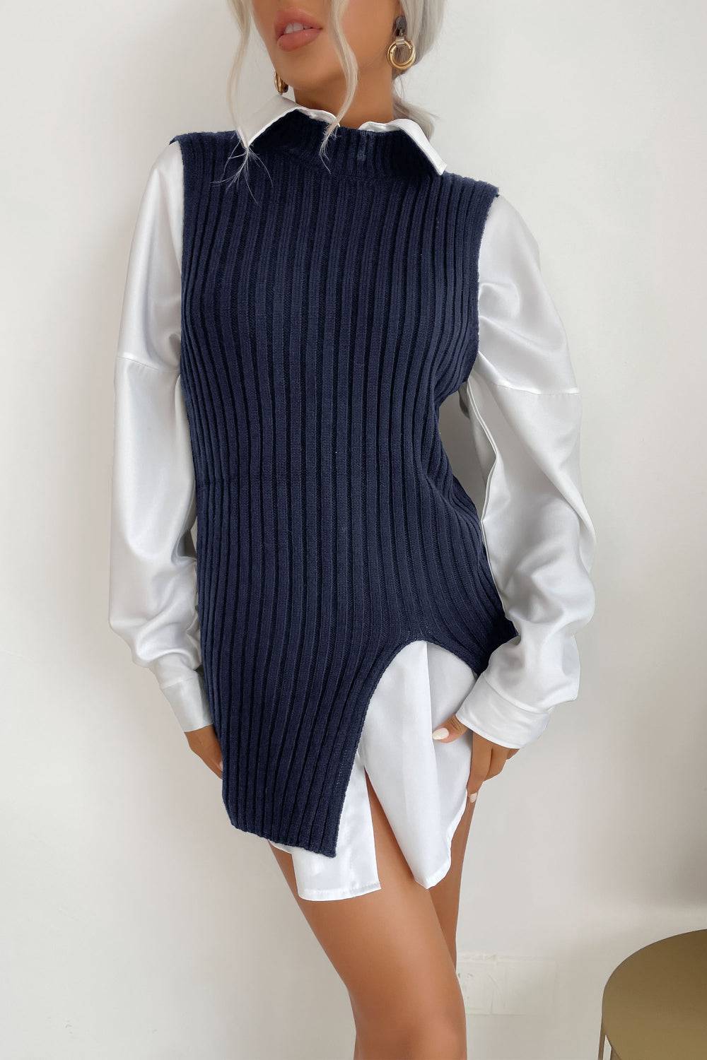 Slit Hem Sweater Vest Dress - Marie Lashaays 