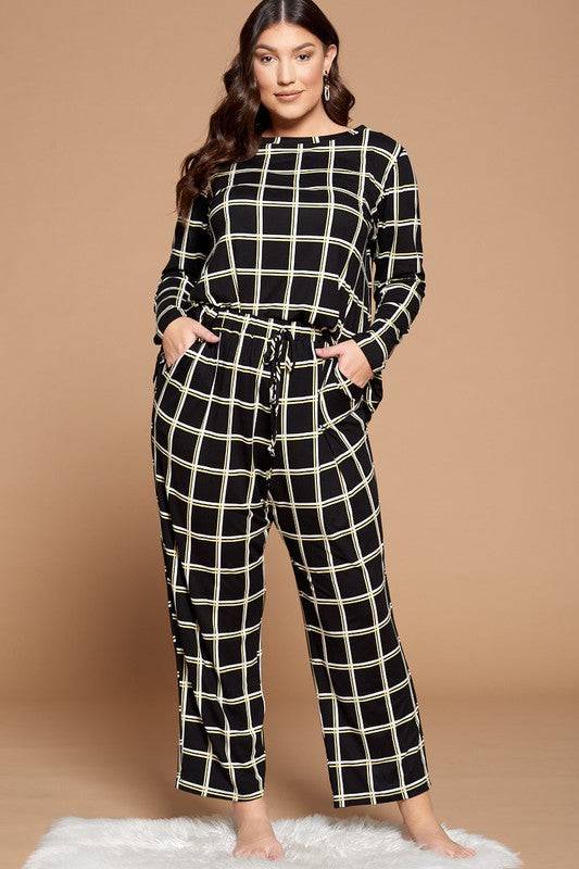 Plus Size Grid Print Pajama Set - Marie Lashaays 