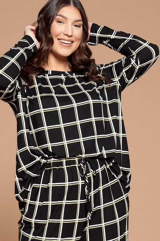 Plus Size Grid Print Pajama Set - Marie Lashaays 