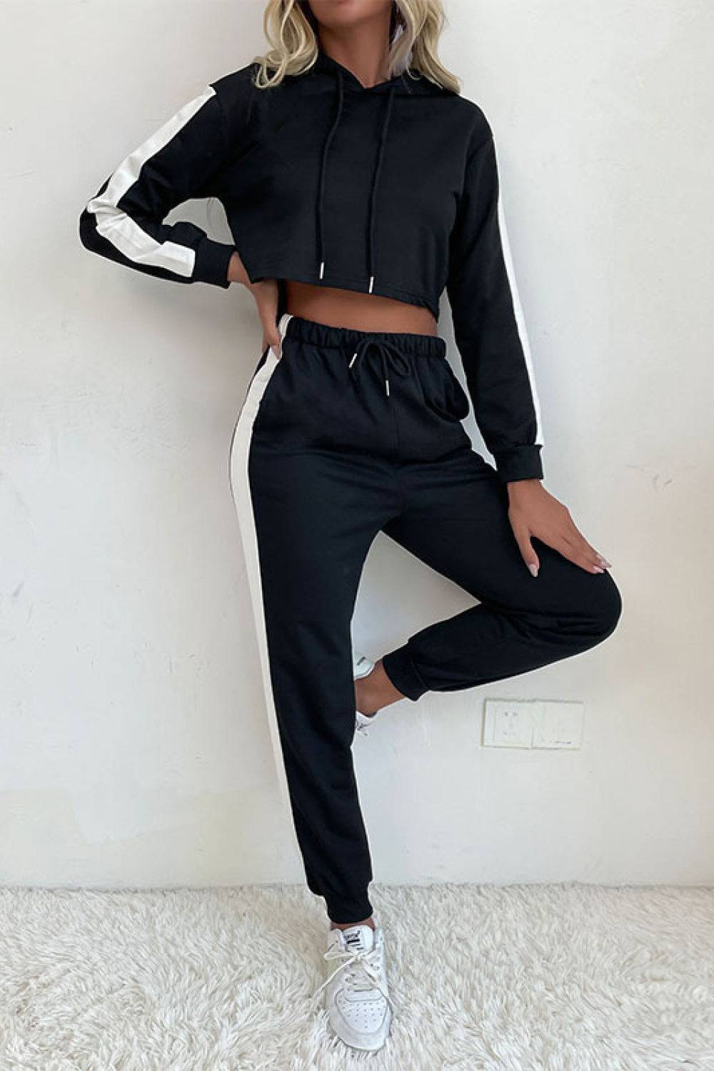 Side Stripe Cropped Hoodie and Jogger Set - Marie Lashaays 