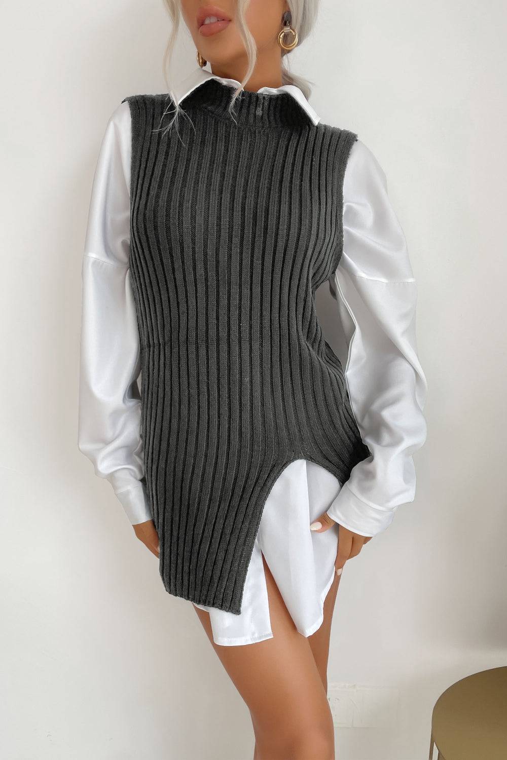 Slit Hem Sweater Vest Dress - Marie Lashaays 