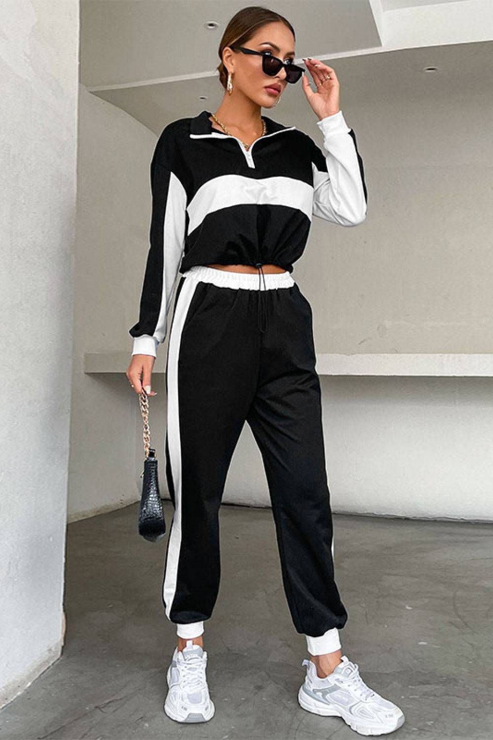 Striped Half Zip Cropped Sweatshirt and Joggers Set - Marie Lashaays 