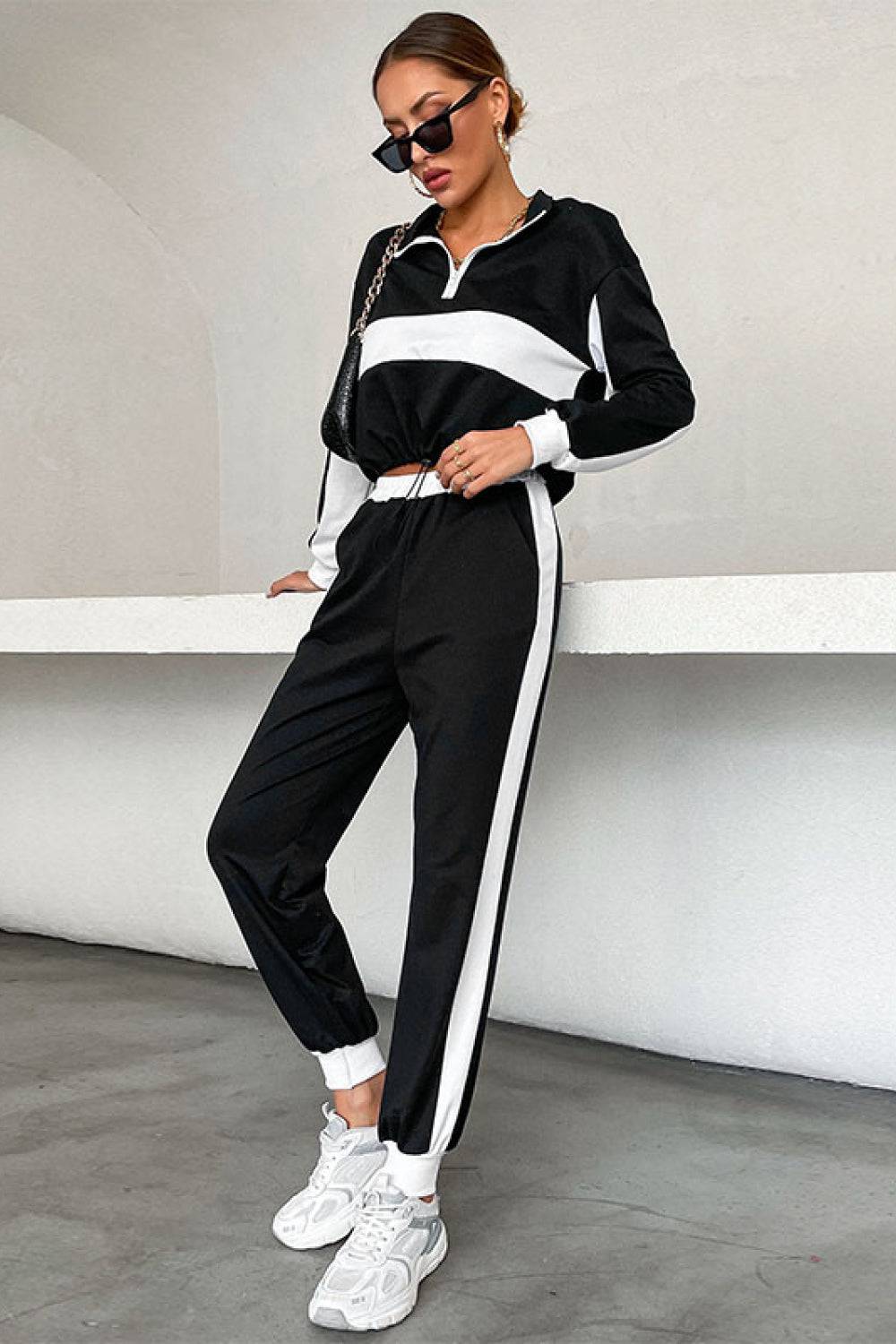 Striped Half Zip Cropped Sweatshirt and Joggers Set - Marie Lashaays 