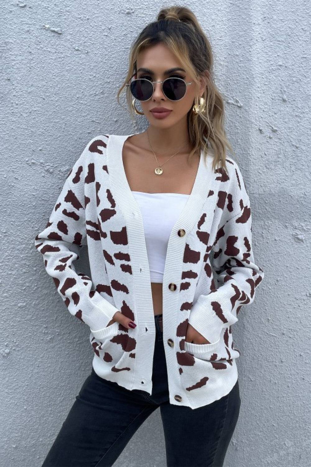 Animal Print Button Front Sweater Cardigan - Marie Lashaays 